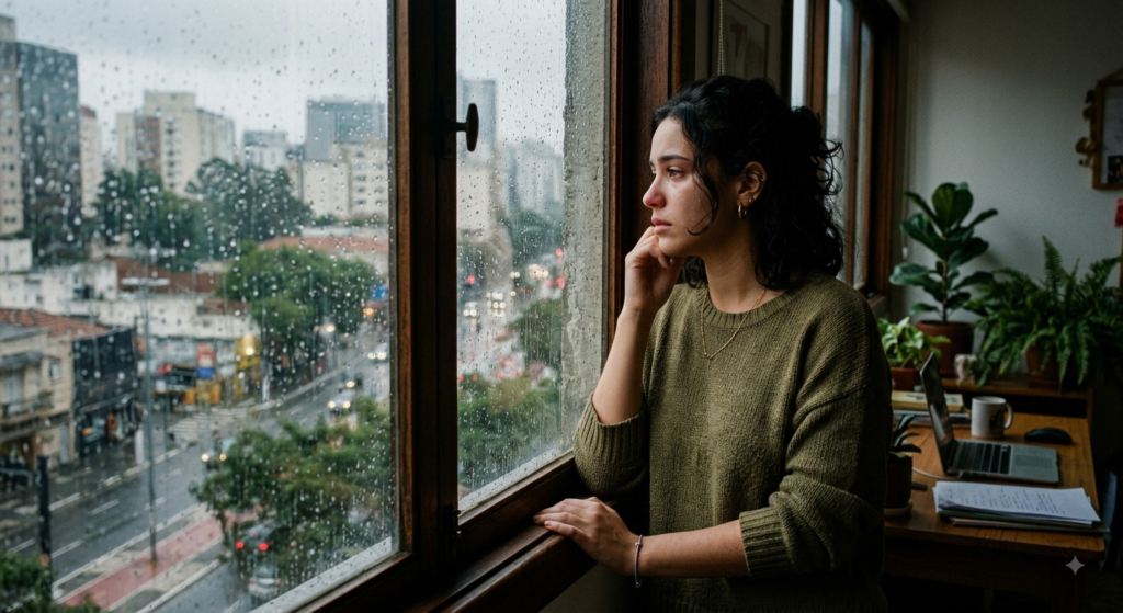 Mulher reflexiva olhando pela janela representando dúvidas sobre relacionamento tóxico