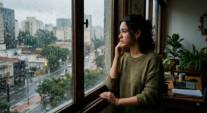 Mulher reflexiva olhando pela janela representando dúvidas sobre relacionamento tóxico